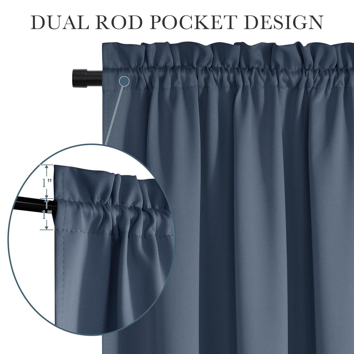 PONY DANCE Stone Blue Back Door Curtains for Door Window, 100% Blackout Dual Rod Pocket Privacy French Curtain for Kitchen, Thermal Insulated Small Window Drapes for Classroom, W25 x L40, 1 Panel