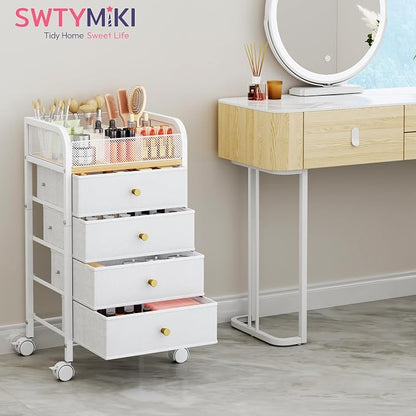 SWTYMIKI Rolling Makeup Organizer Cart - 14.96″*11.81″*27.55″ Widened Under Desk Vanity Storage with 4 Non-woven Drawers, Cosmetic Display Cases for Skin Care Perfume Nail Polish Brush Hair Tool White