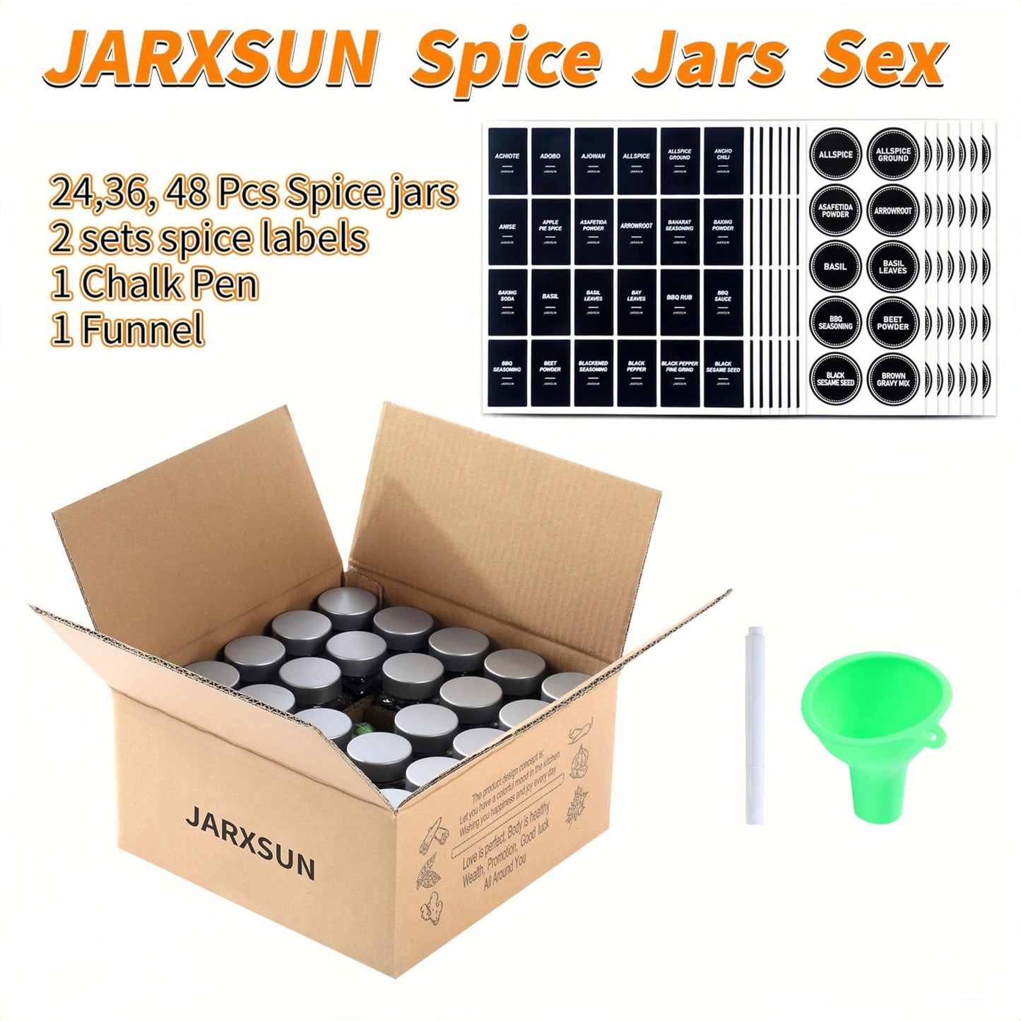 JARXSUN 24 Glass Storage Jars- Spice Jars with Label-4oz Spice Containers with Shaker Lids and Silvery Lids,3 Sets of Spice Labels for Spice Rack