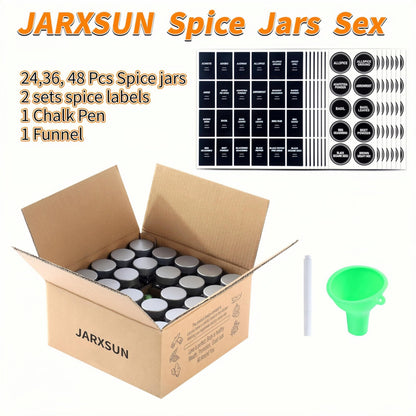 JARXSUN 24 Glass Storage Jars- Spice Jars with Label-4oz Spice Containers with Shaker Lids and Silvery Lids,3 Sets of Spice Labels for Spice Rack