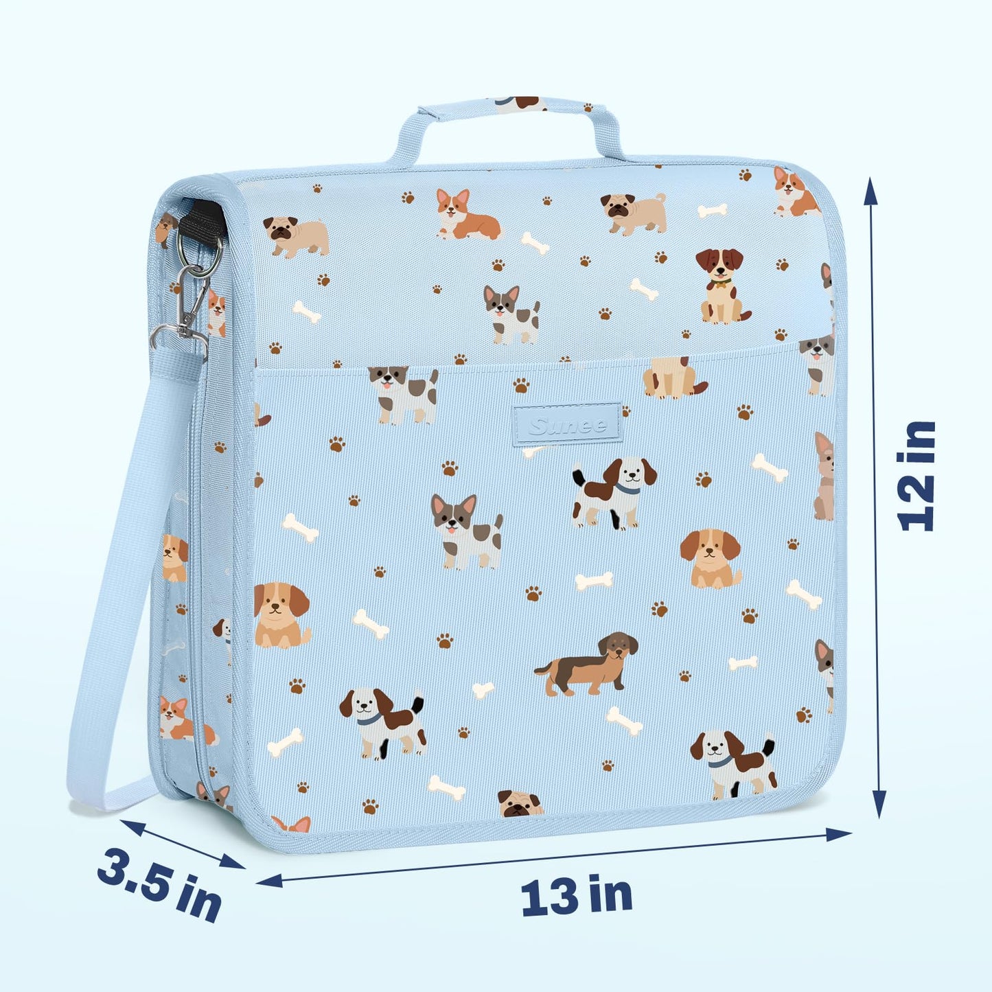 SUNEE Zipper Binder 3 Ring, 3 Inch O-Ring with Handle and Shoulder Strap, 600-Sheet Capacity, 5-Tab Expanding File Folder, Multi-Pockets for Middle School Organizer Binder with Zipper, Blue Dog