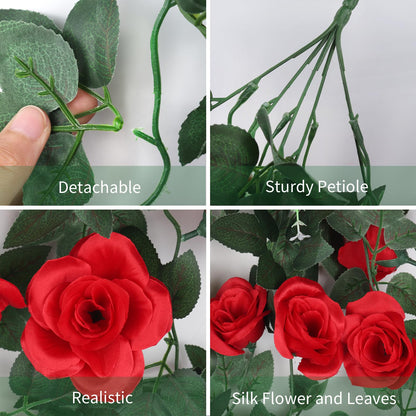 RECUTMS Artificial Red Rose Hanging Flowers Plants, 4PCS 37 Inches Draping Fake Ivy Garland with 30 LED Fairy String Lights for Home Garden Wedding Valentines Day Indoor Outdoor Greenery Decorations