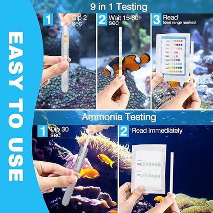 10 in 1 Ammonia Test Kit for Aquarium, 150ct Aquarium Ammonia Test Strips Freshwater Saltwater, Fish Tank Aquarium Test Strips Kit - Testing Ammonia and 9 More !