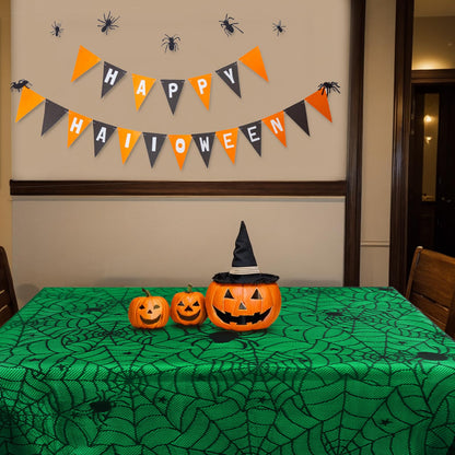 DEYIXUN 2Pcs Halloween Tablecloths, Black Lace & Green Lined Rectangular Table Cloth, Spider Web Table Cover for Scary Halloween Table Decorations Indoor, 54 x 72 Inch