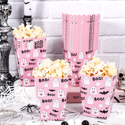 Whaline 100 Pcs Halloween Mini Popcorn Boxes Pink Ghost Bat Popcorn Bucket Boo Candy Favor Boxes for Trick or Treat Movie Night Party Supplies, 3 x 2.2 x 4.2 Inch