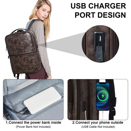 Shrrie Vegan Leather Laptop Backpack for Women&Men,16 Inch Expandable Backpack with USB Charging Port,Two-toned Coffee
