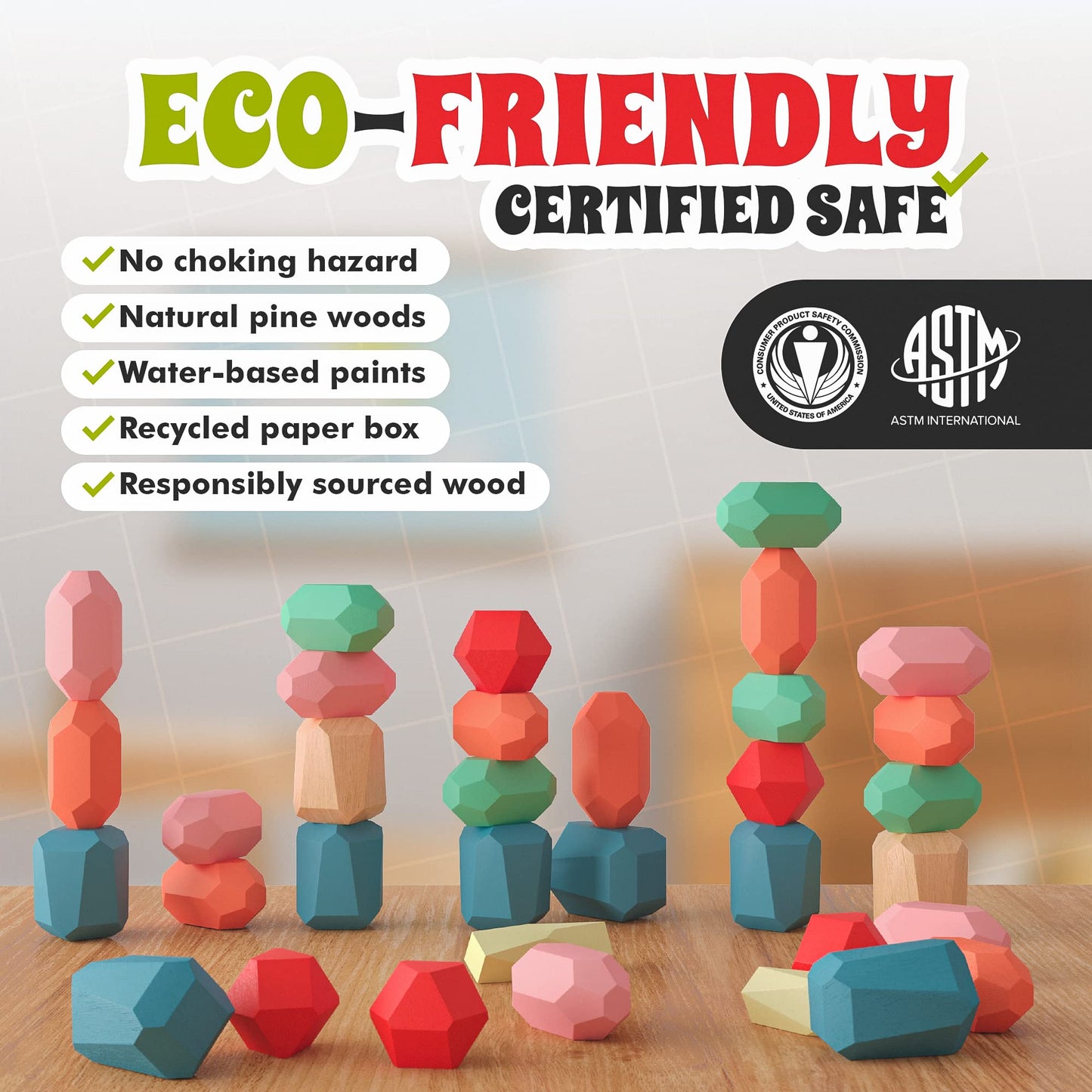 EVERSMART 36 Pcs Wooden Stacking Blocks – Montessori Toys for 1 2 3 4 5 6 Year Old Toddlers and Kids, XL Rocks, No Choking Hazard – Sensory STEM Building Stones, for Girls and Boys