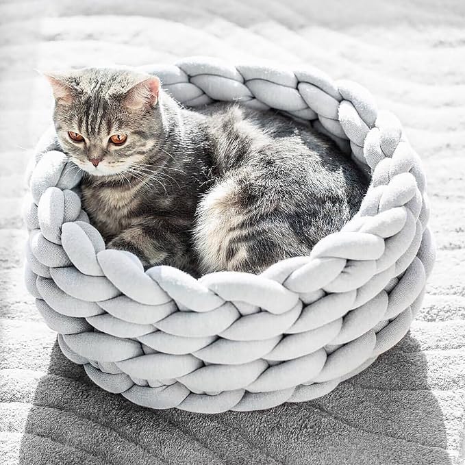 Woven Dog Bed Basket, Knitted Cotton Cat Bed Round Washable Woven Cat Pet Bed Chunky Dog Basket, Orthopedic, Chunky Knit Dog Nest,Dog Bed,Dog Cave,Dog Bedding(Gray,17")