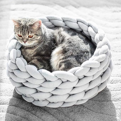 Woven Dog Bed Basket, Knitted Cotton Cat Bed Round Washable Woven Cat Pet Bed Chunky Dog Basket, Orthopedic, Chunky Knit Dog Nest,Dog Bed,Dog Cave,Dog Bedding(Gray,17")