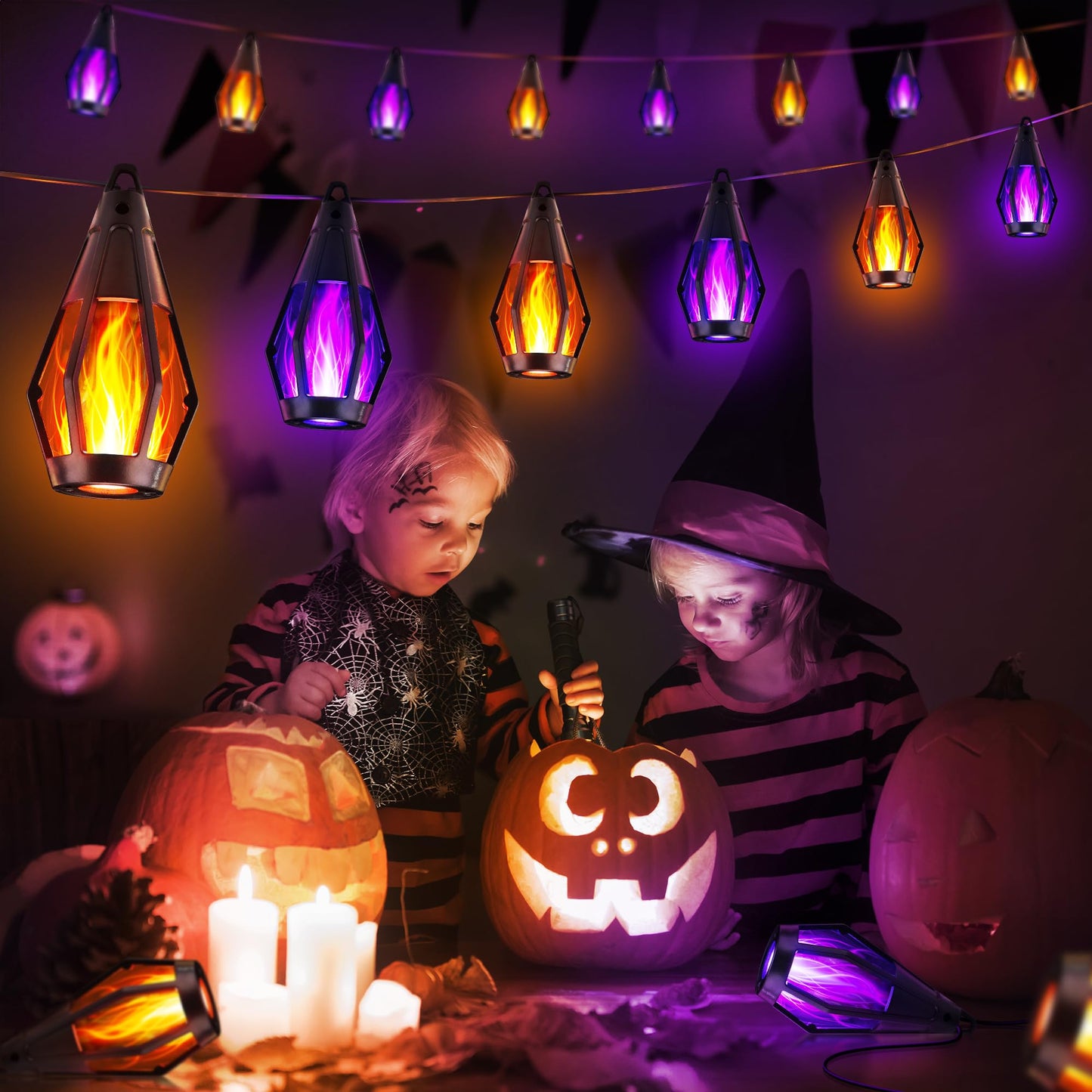 iBaycon Solar Halloween Lights, 42Ft 15 LED Bulbs Flickering Flame String Light, Outdoor Waterproof Solar Flame Lights for Garden Yard Patio Halloween Decorations (Warm White + Purple)