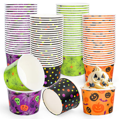 JarThenaAMCS 100 Pcs Halloween Snack Cups Pumpkin Skull Spider Web Dots Disposable Bowls 9oz Ice Cream Dessert Treat Paper Bowls for Hot Iced Food Birthday Trick or Treat Party Supplies