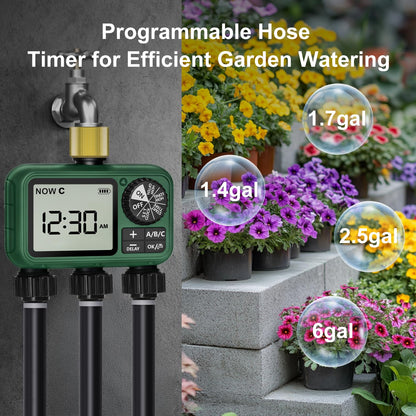 XinFuture Water Timer for Outdoor Garden Hose, Sprinkler Timer for Garden Faucet with Auto/Manual/Rain Delay Mode, Sprinkler Irrigation Controller for Yard Lawn (3 Zones Brass Inlet)