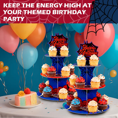 Acellegic 2 Pack Spider Cupcake Stand 3 Tier Spider Web Birthday Party Decorations Cupcake Stand Toppers Display Dessert Holder for Birthday Party Supplies