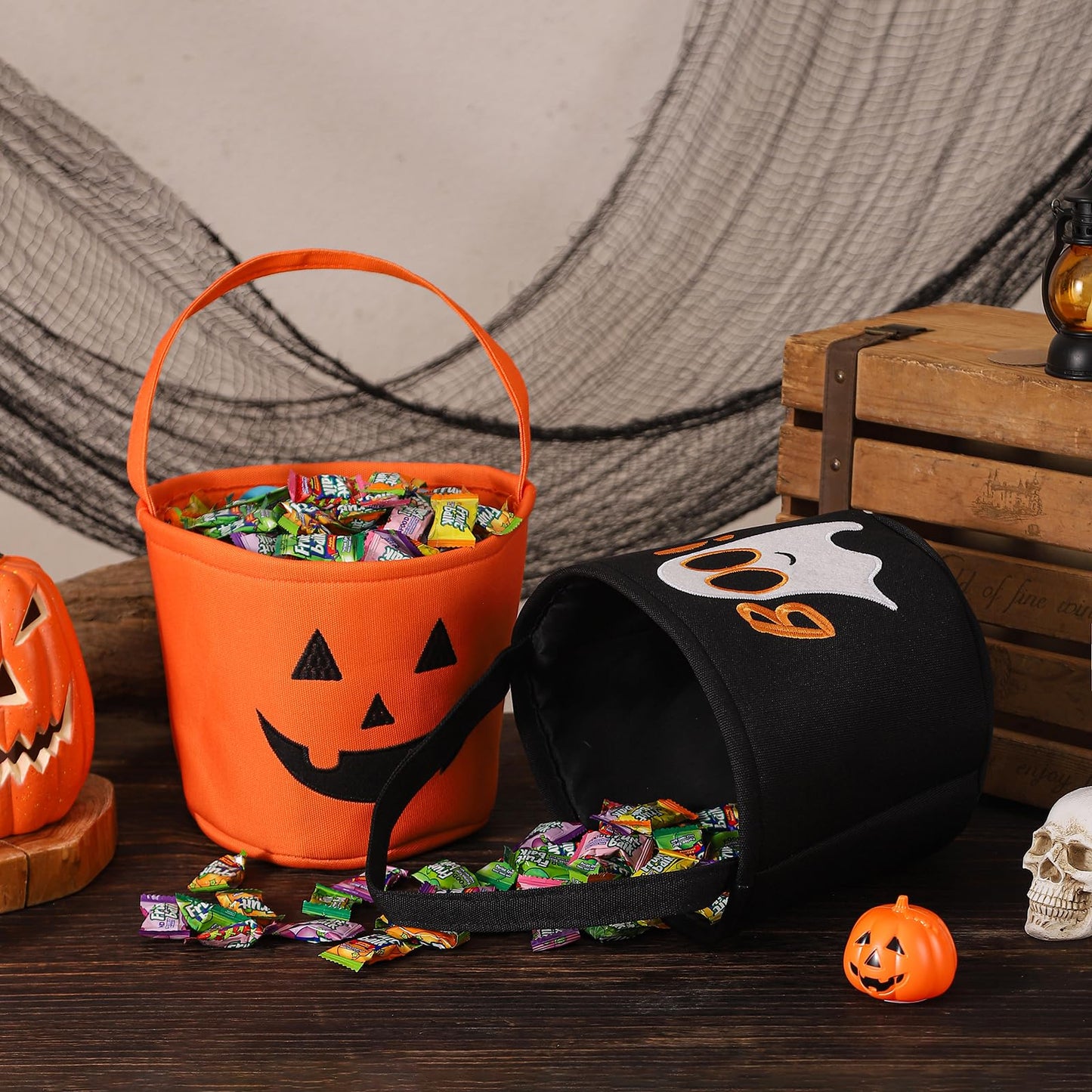 Halloween Bucket Halloween Basket for Kids, Trick or Treat Bags with Embroidery Foldable Candy Buckets Pumpkin Bucket Candies Basket with Handle for Party Decorations, (Black)