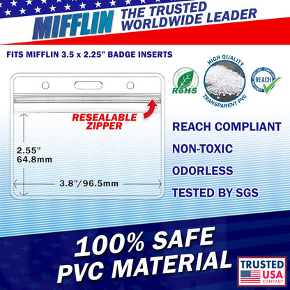 Mifflin-USA Horizontal Plastic Card Holder with Metal Clip and Vinyl Straps (Clear, 3.5x2.25 Inch, 10 Pack), Waterproof PVC ID Name Badge Holder with Clip