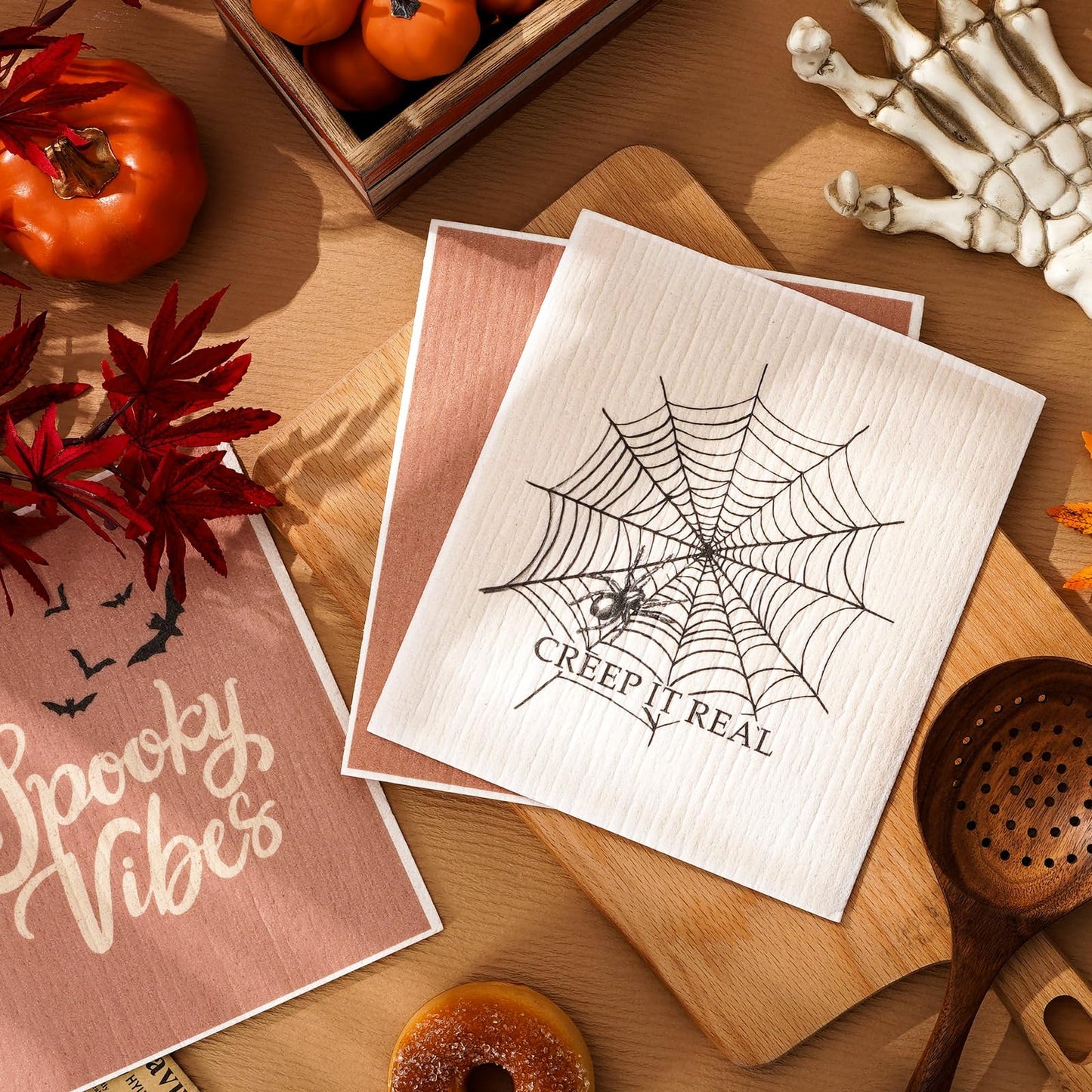 AnyDesign 6 Pcs Halloween Swedish Dishcloths Ghost Pumpkin Skeleton Kitchen Dish Towels Reusable Washable Scary Cotton Kitchen Towels for Baking Cooking Home Kitchen Decor, 6.7 x 7.7 Inch