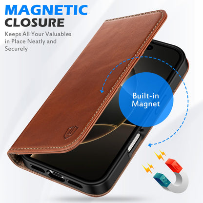 SHIELDON Wallet Case for iPhone 16 Pro 6.3" 2024, Genuine Leather Folio Magnetic Closure RFID Blocking Card Holder Kickstand Full Protection Phone Case Compatible with iPhone 16 Pro - Retro Brown