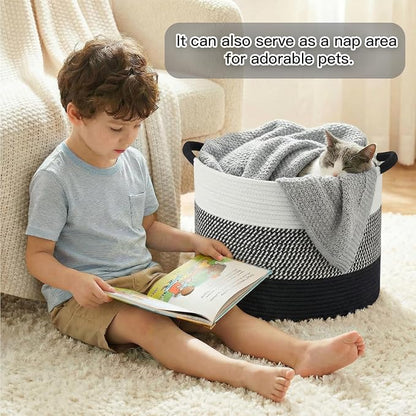 Artfeel 40L Large Cotton Rope Basket, Decorative Woven Blanket Storage for Living Room, Boho Toy Storage & Toy Box for Kids, Versatile Laundry Basket & Nursery Hamper for Blankets(Black)