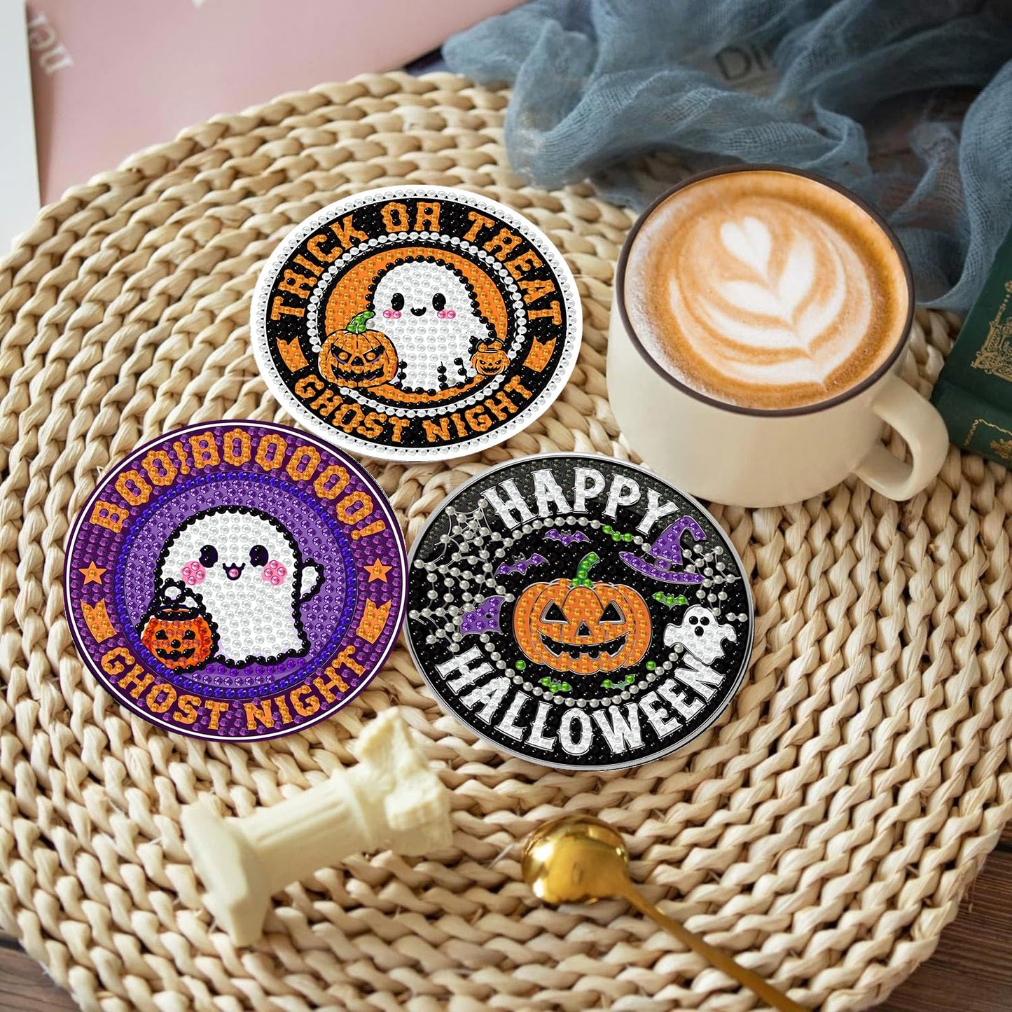 Gemozaic 8PCS Halloween Diamond Art Coasters Kit for Adult, Spooky Diamond Painting Coasters with Holer, Non-Slip, Easy DIY Pumpkin Gem Arts and Crafts Kits for Gift, Coffee, Cocktail, Drink