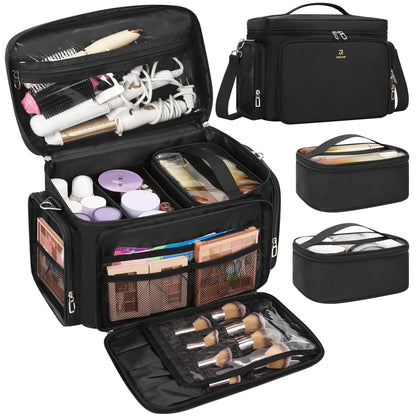 TANTO Large Makeup Bag, Makeup Artist Bag Professional Cosmetic Case with 2 Pouches & Dividers Portable Travel Makeup Bag Organizer for Women Girls Makeup Train Case Storage with Shoulder Strap