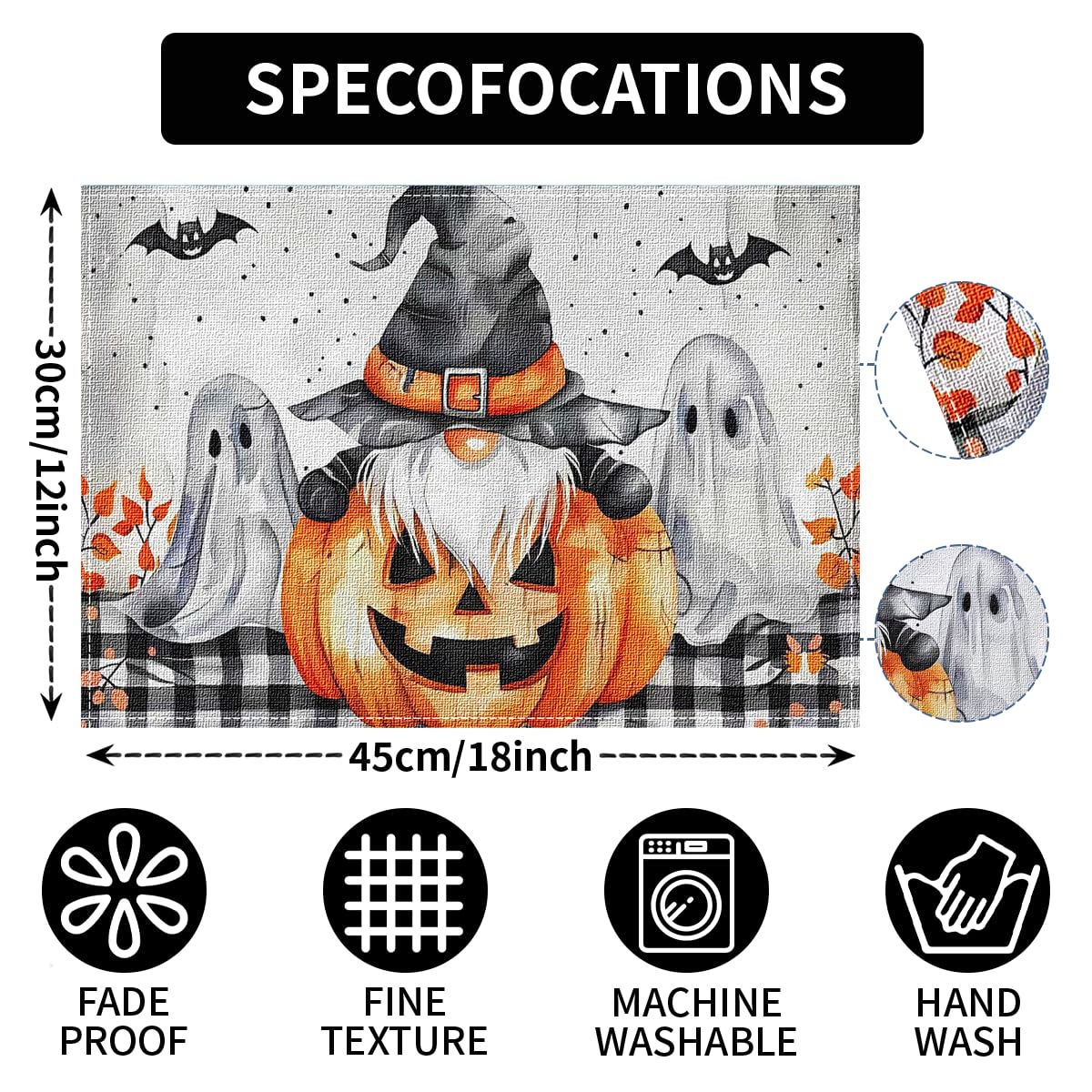 Niviy Buffalo Plaid Bat Ghost Pumpkins Halloween Placemats Set of 4, 12x18 Inch Horror Halloween Table Mats for Holiday Party Kitchen Dining Room Decoration