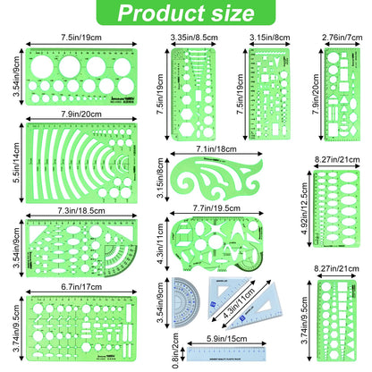 15PCS Geometric Drawings Templates,Transparent Green Plastic Ruler, Drafting Stencils Measuring Tools, Measuring Geometry Rulers for Office, Studying