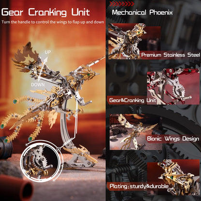 OreilleStar 3D Metal Ornithopter Puzzles for Adults Model Kits: DIY Assembly Mechanical Phoenix Stainless Steel Animal Bird Toy Building Block Birthday Gifts for Men Women (Gold Phoenix)