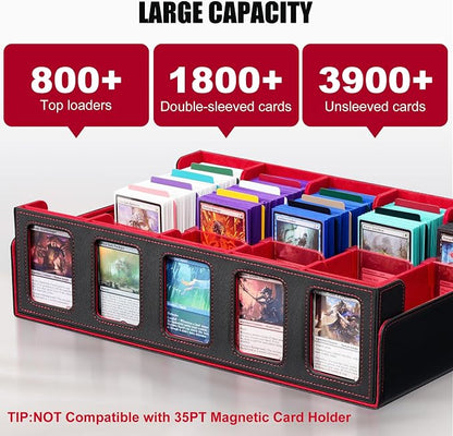 Trading Card Storage Box with Commander Display , 5-Row Deck Case with Removable Lid; 3900+ Card Deck Box for MTG TCG Sports Card, 5 Top Loaders, 5 Stoppers, 48 Dividers,1 Dice Tray (Black Red)