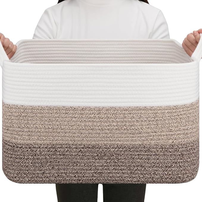 OIAHOMY Rectangle Woven Storage Basket - Nursery Cotton Rope Baskets for Storage, Toy Basket Organizing for Living Room, 17.7"x13.8"x11"- Pack of 3 - Gradient Yellow