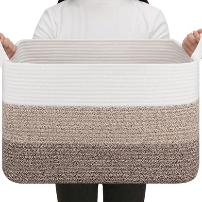 OIAHOMY Rectangle Woven Storage Basket - Nursery Cotton Rope Baskets for Storage, Toy Basket Organizing for Living Room, 17.7"x13.8"x11"- Pack of 3 - Gradient Yellow