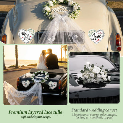 Just Married Car Decorations Set – White Floral Wreath with Long Tulle, Static-Cling Window Decal, Magnetic “Mr & Mrs” & “Love” Heart Signs – Elegant Wedding Getaway Car Decor Kit
