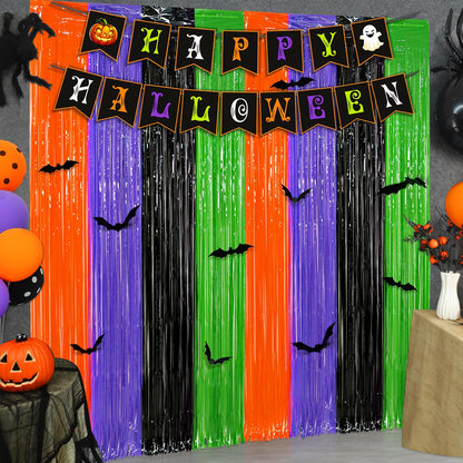 3 Pack Halloween Foil Fringe Curtains Party Decoration, Include 24pcs 3D Bat Stickers and Banner Tinsel Streamers Photo Booth Backdrop Wall Decor for Halloween Party Decoration Supplies