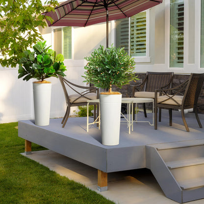 KOL 28" White Metal Planter Set, Galvanized Steel Plant Pots for Indoor Outdoor Decor with Artificial Olive Tree & Fiddle Leaf Fig, Faux Plants with Natural Coconut Fiber (Total Height 4.2FT)