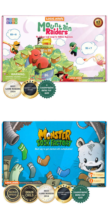Logic Roots Two Math Games for Kids - Learn Addition, Subtraction, and Multiplication Table | Educational Games for Kids 5 and up for Kids (Monster Sock Factory + Moutain Raiders)