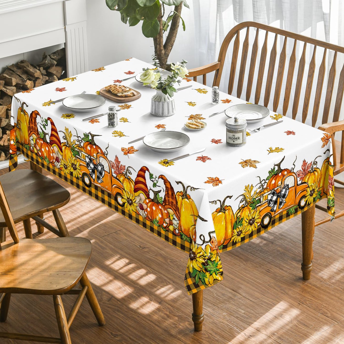 Horaldaily Fall Tablecloth 60x104 Inch Rectangular, Thanksgiving Autumn Harvest Orange Truck Gnome Pumpkin Buffalo Plaid Table Cover for Party Picnic Dinner Decor