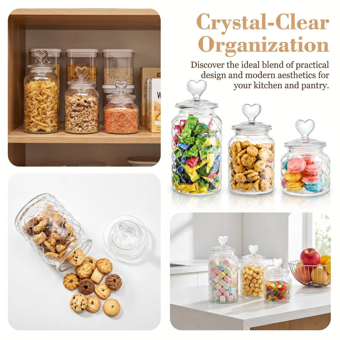 Hiceeden Set of 3 Cute Glass Jars with Airtight Lids, Candy & Cookie Food Storage Containers with Heart-shaped Handle, Glass Canister with Grid Texture for Coffee Beans, Flour, Sugar, 22/32/45oz