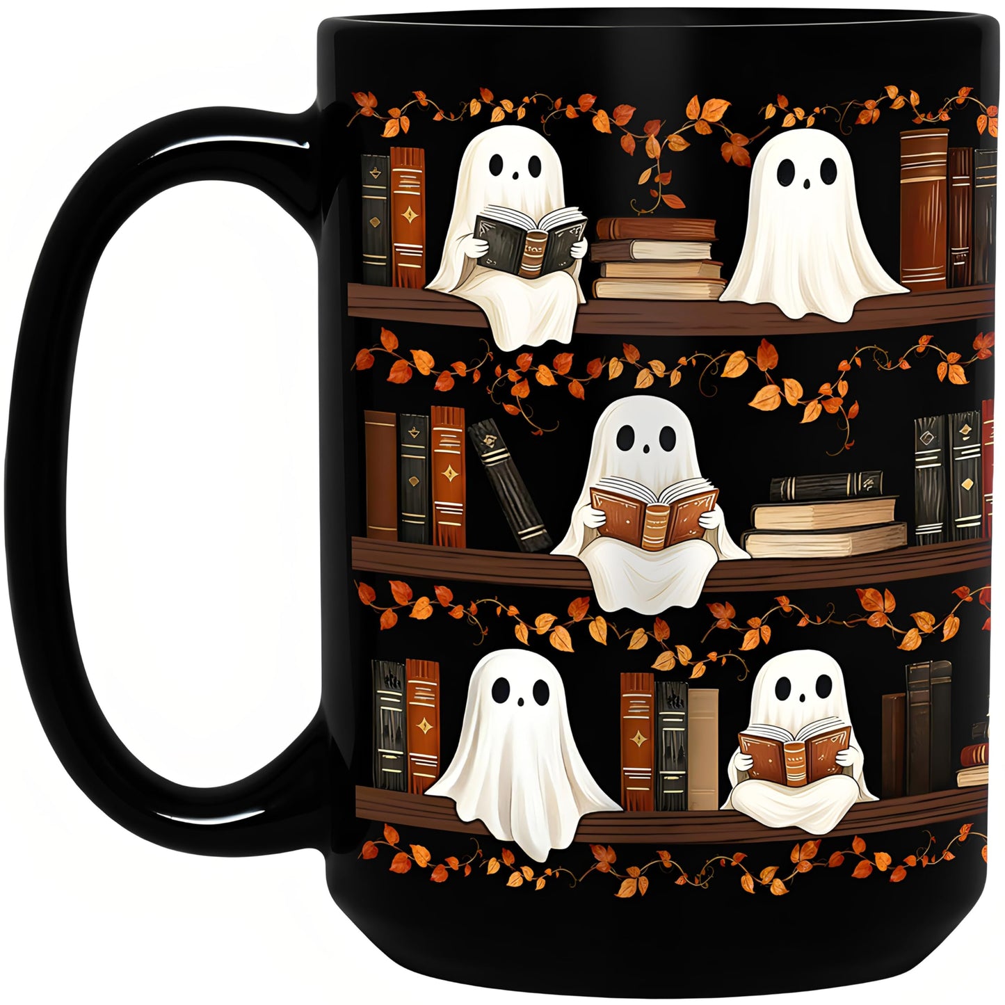 BORULEEY Halloween Cute Ghost Reading Coffee Mug, 15 oz Black Ceramic Tea Cup, Spooky Book Mug for Book Lovers & Readers, Novelty Fun Festive Bookish Gift for Women, Friends & Coworkers