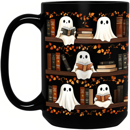 BORULEEY Halloween Cute Ghost Reading Coffee Mug, 15 oz Black Ceramic Tea Cup, Spooky Book Mug for Book Lovers & Readers, Novelty Fun Festive Bookish Gift for Women, Friends & Coworkers