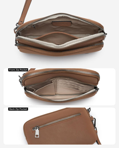 Dorefala Wristlet Purses for Women, Small Vegan Leather Wallet with 3 Zipper Pockets, Clutch Bag for Travel Gift (Brown)