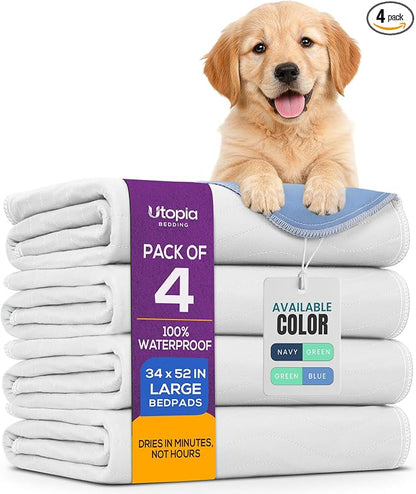 Utopia Bedding Washable Pee Pads for Dogs 34" x 52" (Pack of 4), Waterproof Incontinence Bed Pads for Adults, Elderly and Kids, Heavy Absorbency Pet Training Pads for Sofa and Couch (White, Blue)