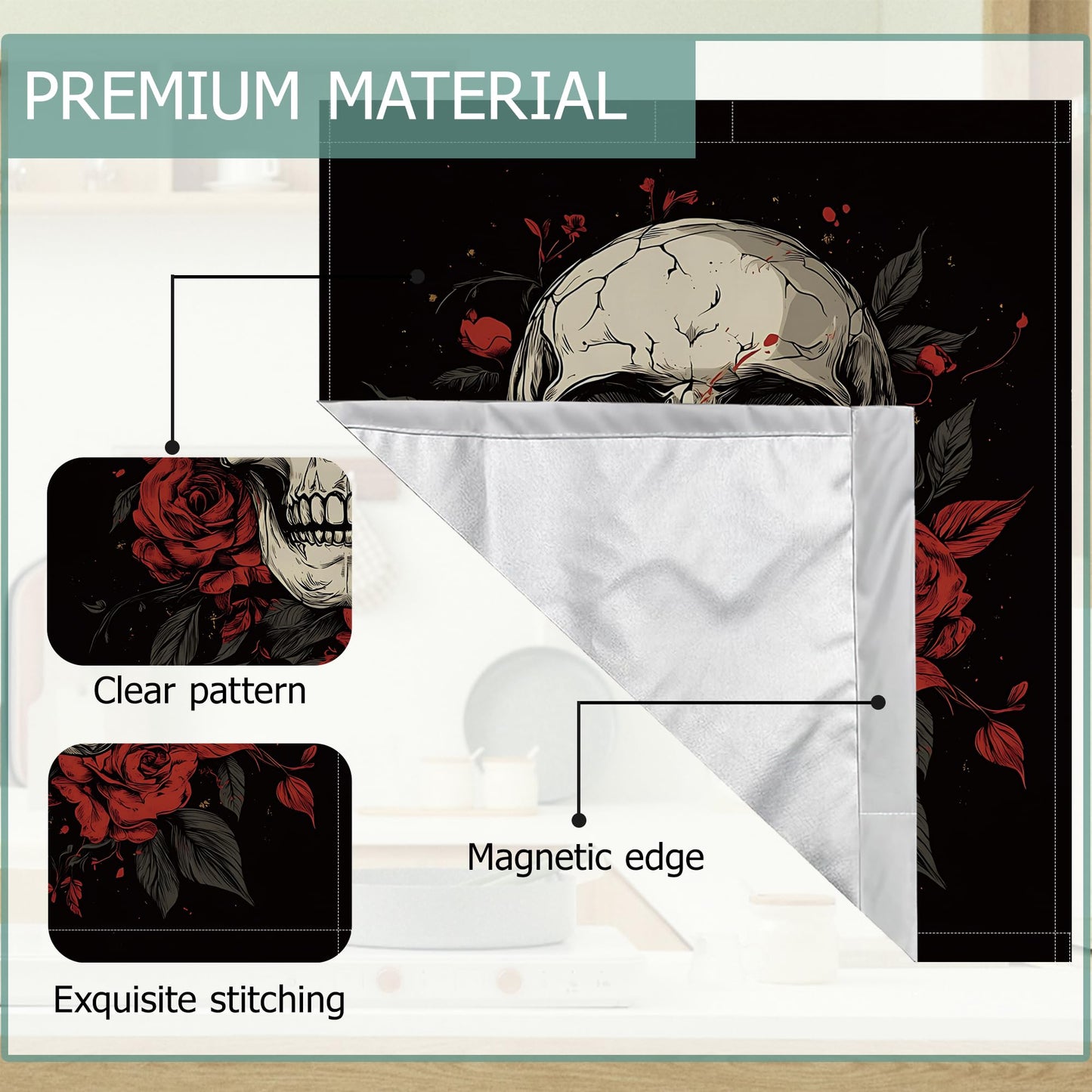Gothic Skull Dishwasher Magnets Decorative Cover,Halloween Red Rose Flower Waterproof Magnetic Dishwasher Cover Panel,Refrigerator Magnet Cover for Kitchen Home Decor 23x26 Inch