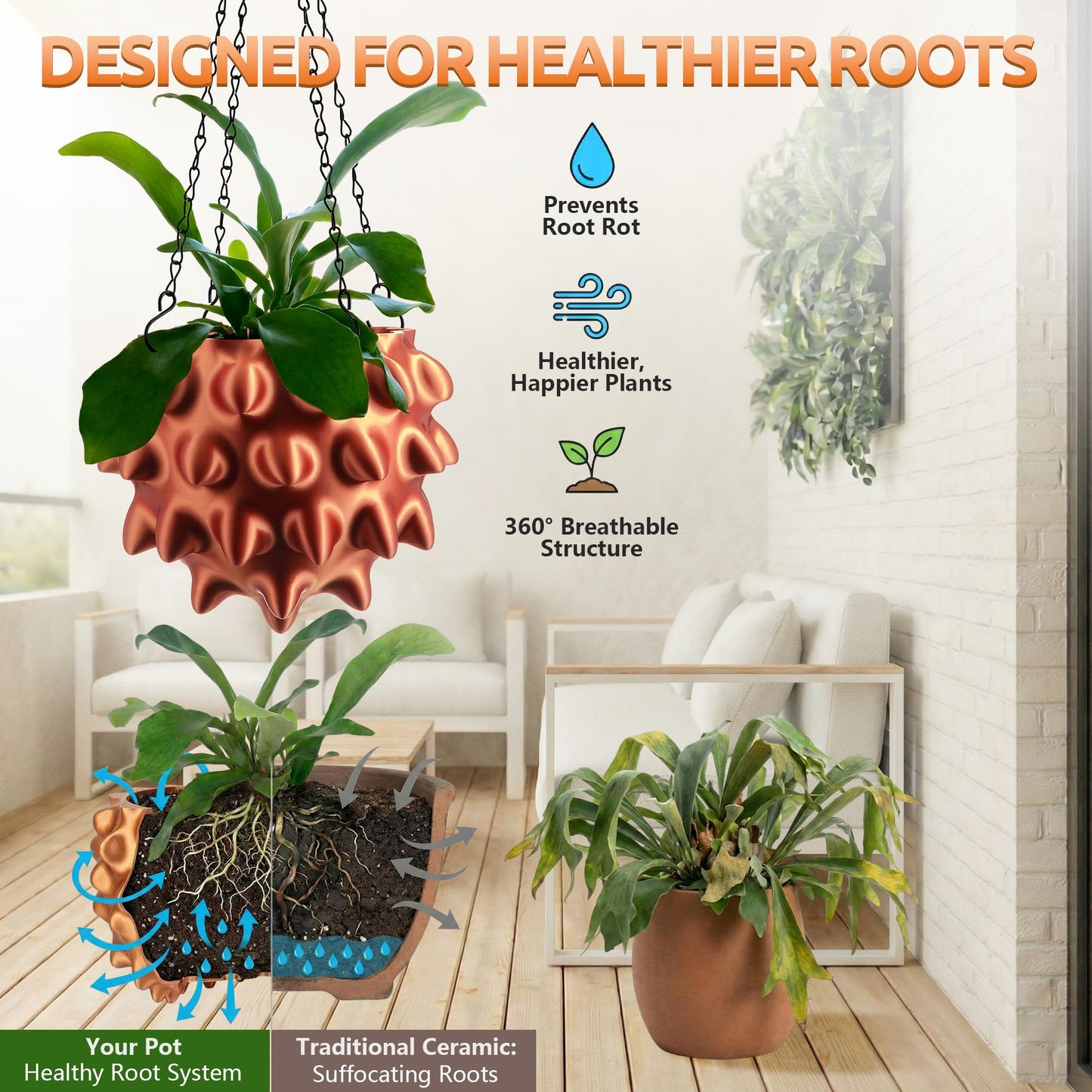 Enhon 6 Inch Hanging Planters for Indoor Plants, Unique Hanging Pots for Plants with Drainage and Hanger Baskets Hangers, Spiked Orb Plant Hanger, Silky Copper Finish