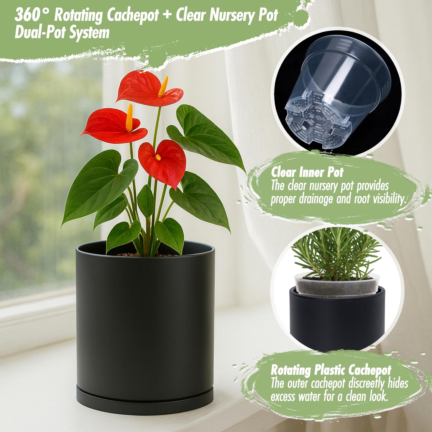 D'vine Dev Double-Layer Self-Draining Planter Set – Rotating Plastic Outer Pot with Clear Inner Liner for Root Health, Perfect for Indoor Plants, 6.5", Set of 2, Black, 73-V-B-2