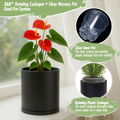 D'vine Dev Double-Layer Self-Draining Planter Set – Rotating Plastic Outer Pot with Clear Inner Liner for Root Health, Perfect for Indoor Plants, 6.5", Set of 2, Black, 73-V-B-2