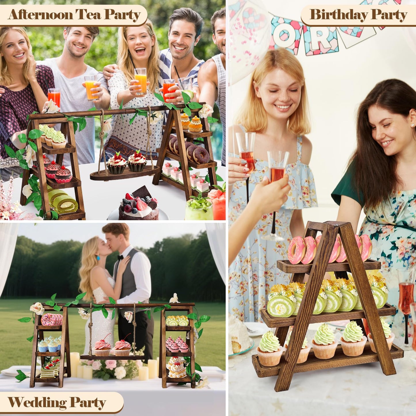 NANXITU Wooden Cupcake Stand,3 Tier Cake Stands Party Food Display Serving Platter Tray Ladder Stand with Swing and Flower Decor,Rustic Dessert Table Display Set for Cake Fruit Donut Snack Cookie