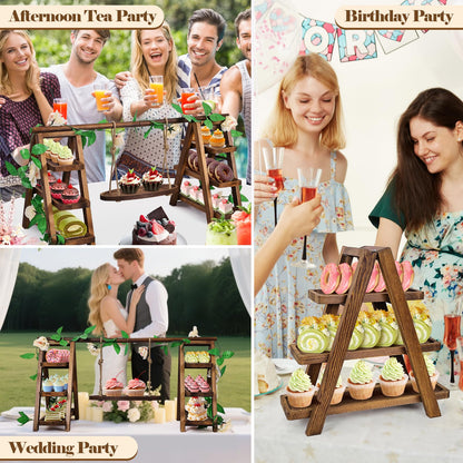 NANXITU Wooden Cupcake Stand,3 Tier Cake Stands Party Food Display Serving Platter Tray Ladder Stand with Swing and Flower Decor,Rustic Dessert Table Display Set for Cake Fruit Donut Snack Cookie