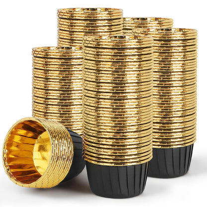 EUSOAR Baking Cups, 200pcs 3.5oz Aluminum Muffin Cupcake Liners Mini Cheesecakes Cups, Disposable Ramekins Foil Dessert Wrappers Paper Cupcake Liners Holder for Birthday Wedding Party-Black/Gold