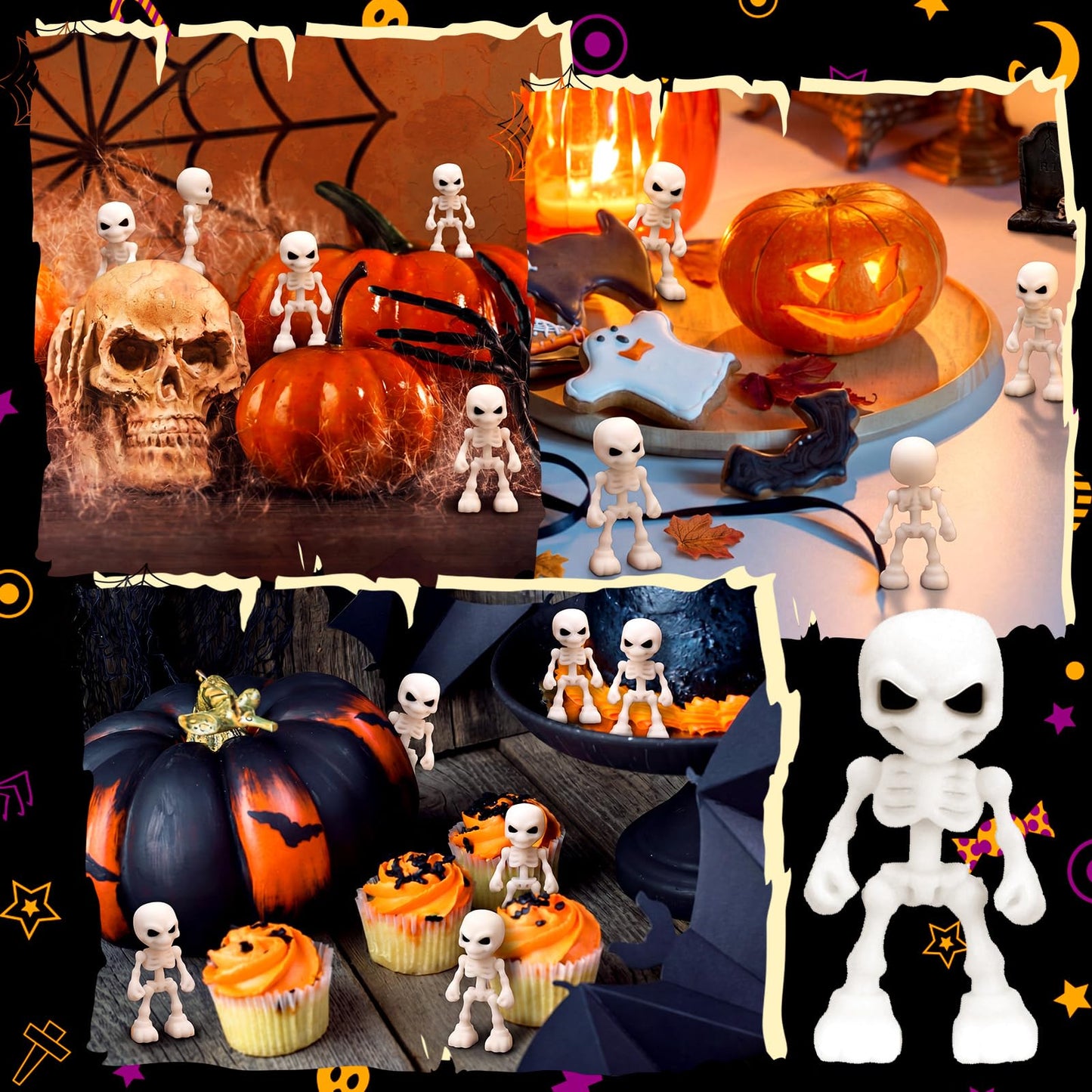 Junkin 50 Pcs Halloween Mini Skeleton Figures Tiny Skulls Cute Design Soft Rubber Skeleton Decorations Miniature Skulls Figures Ornaments for Indoor Fireplace Haunted House Accessories Party