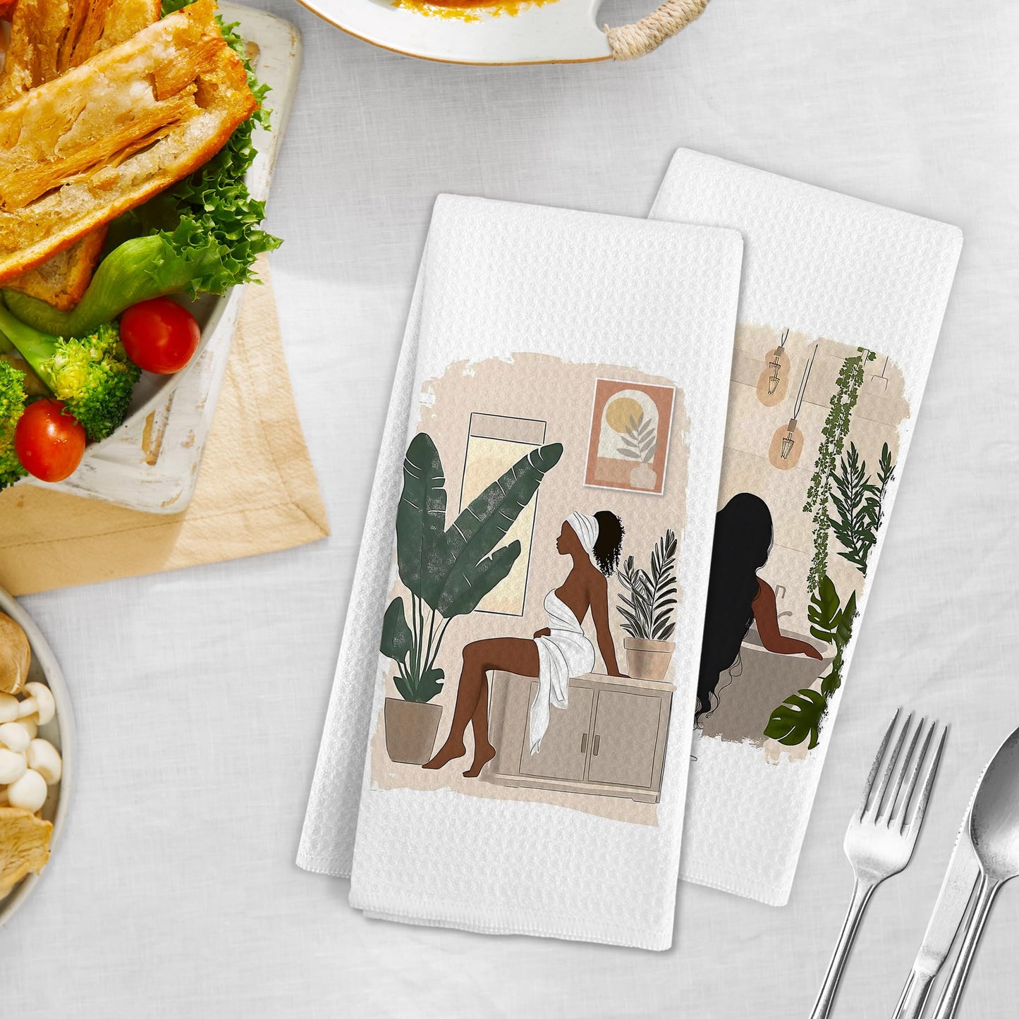 Gnmduw African American Black Women Hand Towels Set of 2, Black Girl Kitchen Towels, African Female Decorative Hand Dish Tea Towel for Kitchen Bathroom Decor,American Women Bathroom Towel, 16x24 Inch