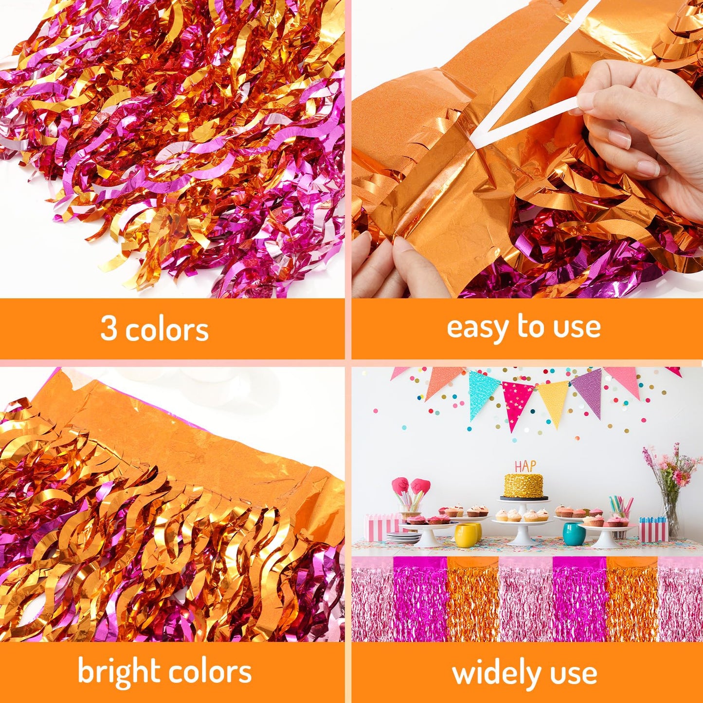 JarThenaAMCS Metallic Tinsel Foil Fringe Table Skirts Light Pink Hot Pink Orange Wavy Disposable Table Skirt 2Pcs Sparkly Party Decor for Parade Floats Wedding Birthday Bride Shower, 29 x 108 Inch